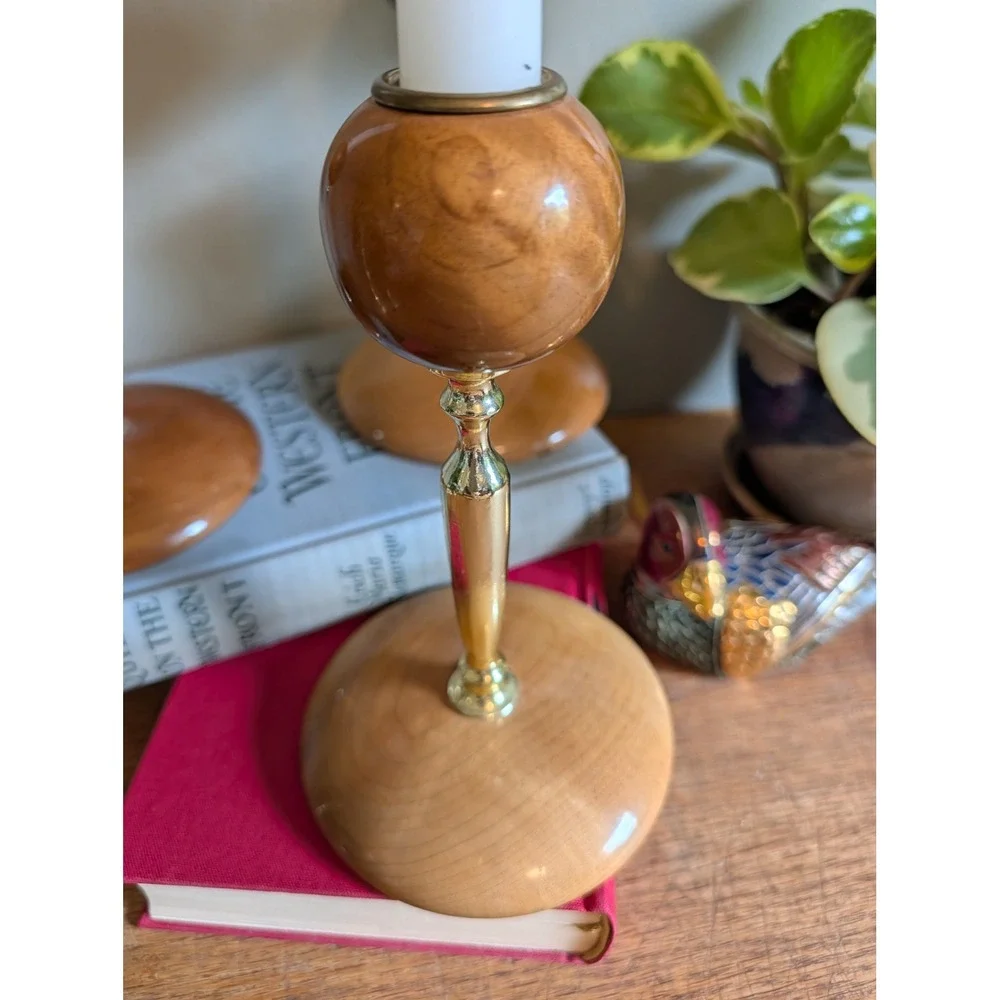 Vintage Mid Century Modern Oregon Myrtlewood Candlestick‎ Holders Set of 3 Gold